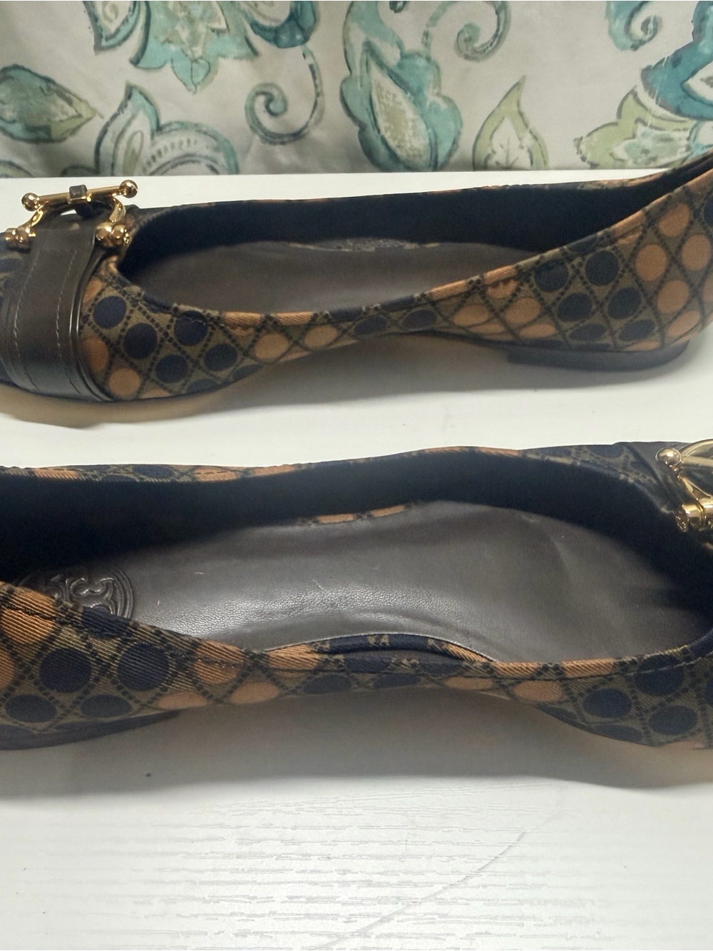 Tory Burch Brown and Navy Patterned Loafers with Gold Hardware - Picture 5 of 6